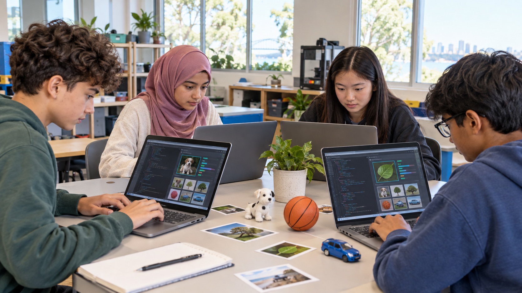 Children, including a student wearing hijab, seated at laptops and learning Python and artificial intelligence