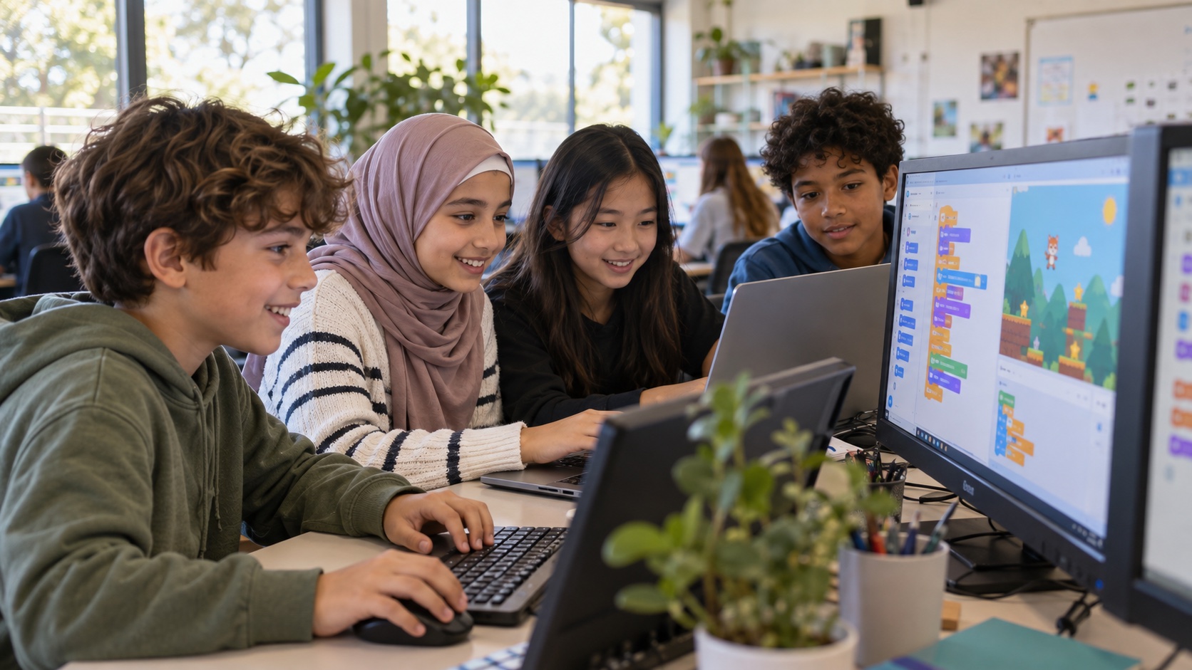 Children, including a student wearing hijab, learning coding together at computers