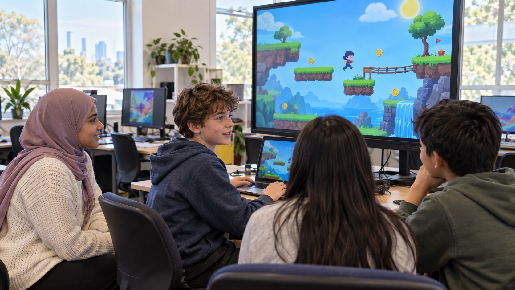 A child sharing a coding project with seated peers, including a student wearing hijab