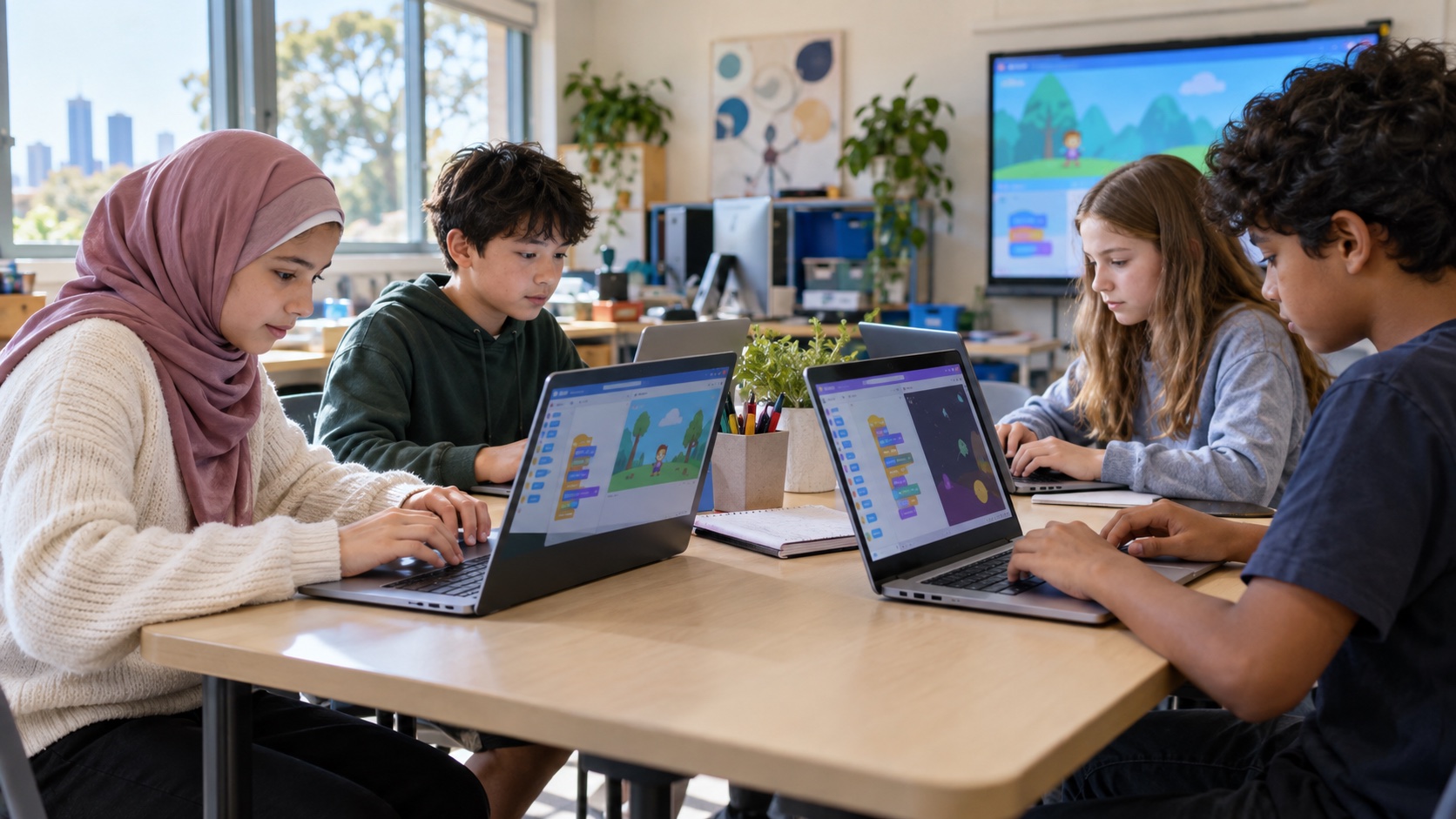 Children, including a student wearing hijab, seated at computers and collaborating on Scratch coding